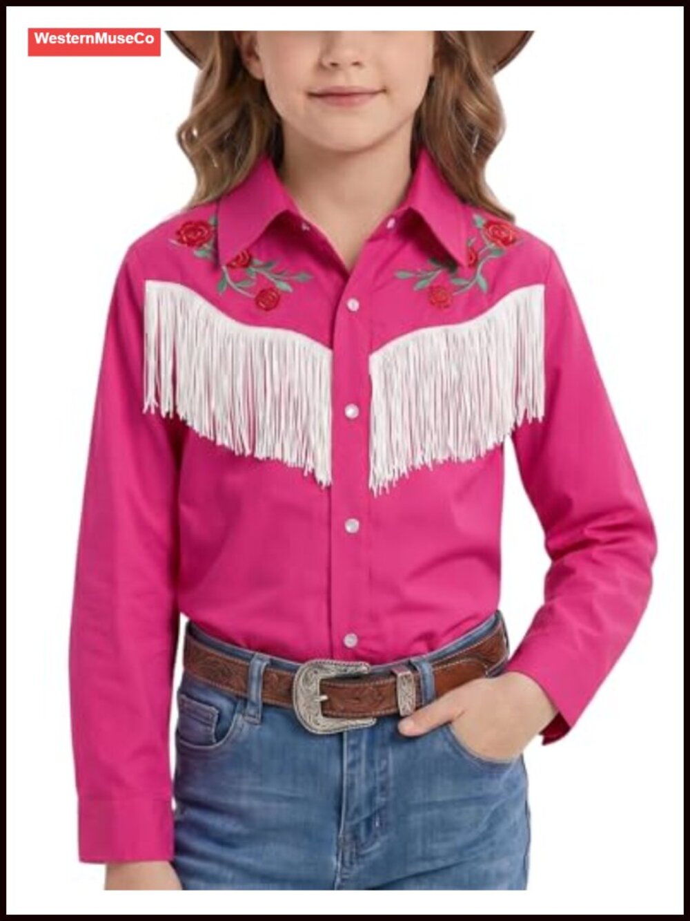 Girls Western Shirt Fringe Floral Embroidered Pearl Snap Button Down Long